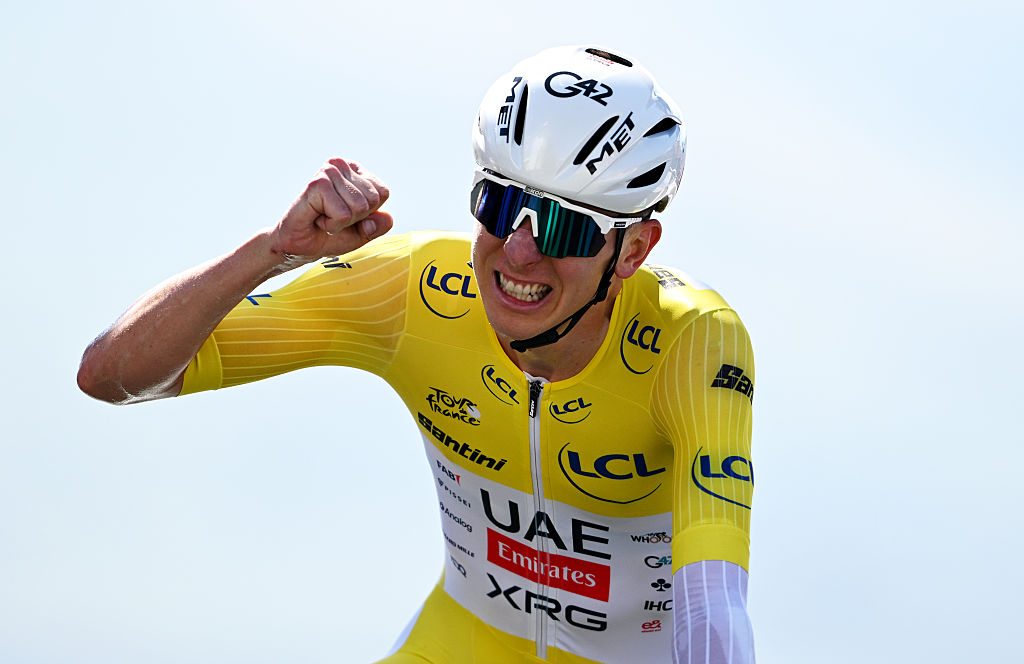 PEYRAGUDES, FRANCE - JULY 18: Stage winner Tadej Pogacar of Slovenia and UAE Team Emirates - XRG - Yellow Leader Jersey celebrates crossing the finish line during the 112th Tour de France 2025, Stage 13 a 10.9km individual time trial stage from Loudenvielle to Peyragudes 1561m / #UCIWT / on July 18, 2025 in Peyragudes, France. (Photo by Tim de Waele/Getty Images)