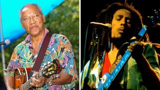 Left-Ernest Ranglin plays guitar as performs with the Antonio Hart Band at the BAM Rhythm & Blues Festival at MetroTech Center, Brooklyn, New York, New York, August 8, 2002; Right-Bob Marley performing live on stage,playing guitar
