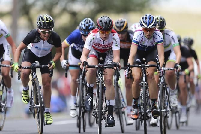 The peloton make their way up the climb.