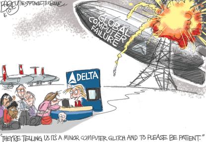 Editorial cartoon U.S. Delta computer failure glitch lies