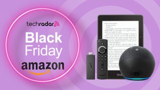Amazon Kindle, Fire TV Stick, and Echo on purple background with black friday deals text overlay