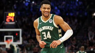 Giannis Antetokounmpo #34 of the Milwaukee Bucks smiles ahead of the NBA All-Star Game 2024 