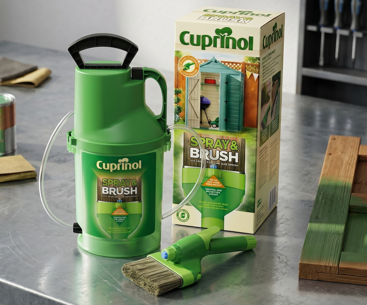 Cuprinol Spray &amp; brush Fence &amp; shed Paint sprayer product cut out on white background