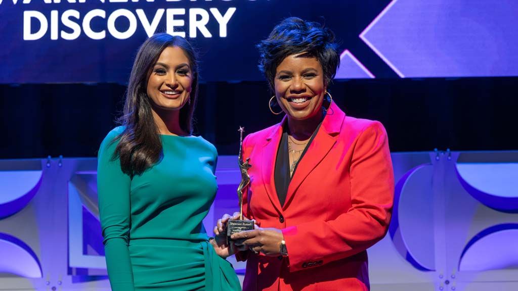Event host Natasha Verma (l.), anchor at WNYW New York, with Sheereen Russell, executive VP, ad sales, client partnerships &amp; inclusive solutions, Warner Bros. Discovery.