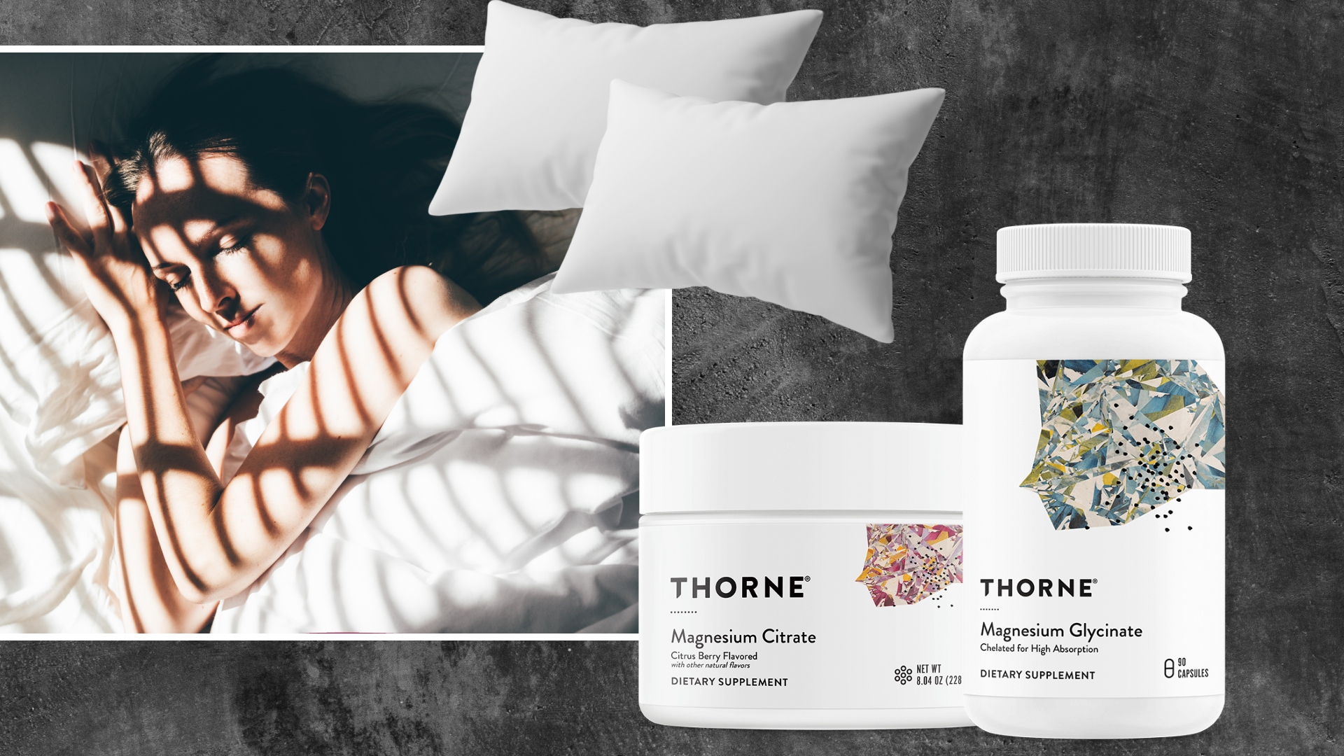 grey background with a woman sleeping in a bed next to magnesium supplements