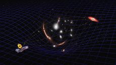 An illustration showing a space telescope and a black hole opposite each other on a blue starry fabric.