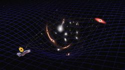 An illustration showing a space telescope and a black hole opposite each other on a blue starry fabric.