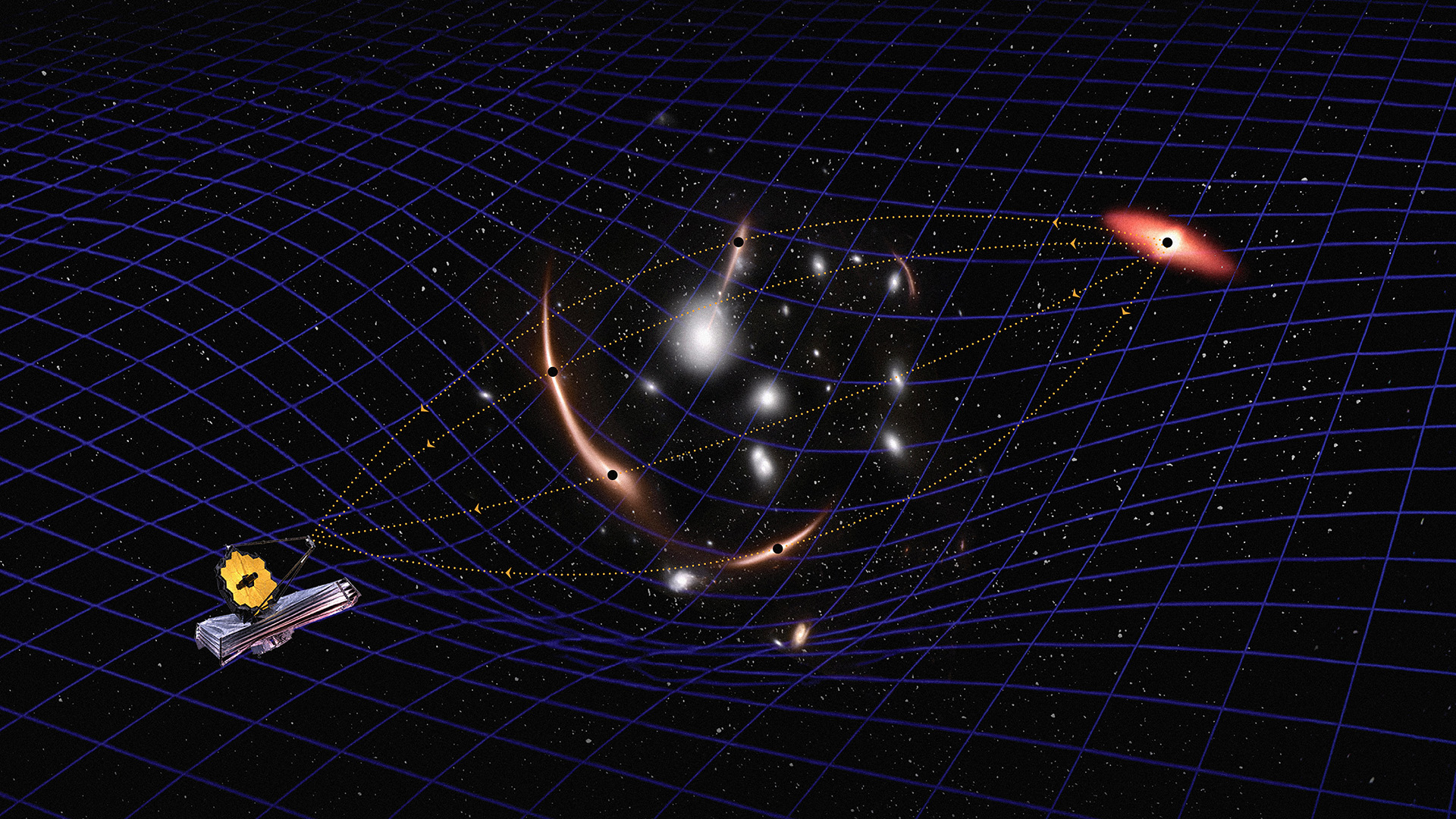 An illustration showing a space telescope and a black hole opposite each other on a blue starry fabric.