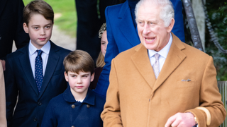 Prince George of Wales, Prince Louis of Wales, Catherine, Princess of Wales and King Charles III attend the Christmas Morning Service at Sandringham Church on December 25, 2023 in Sandringham, Norfolk