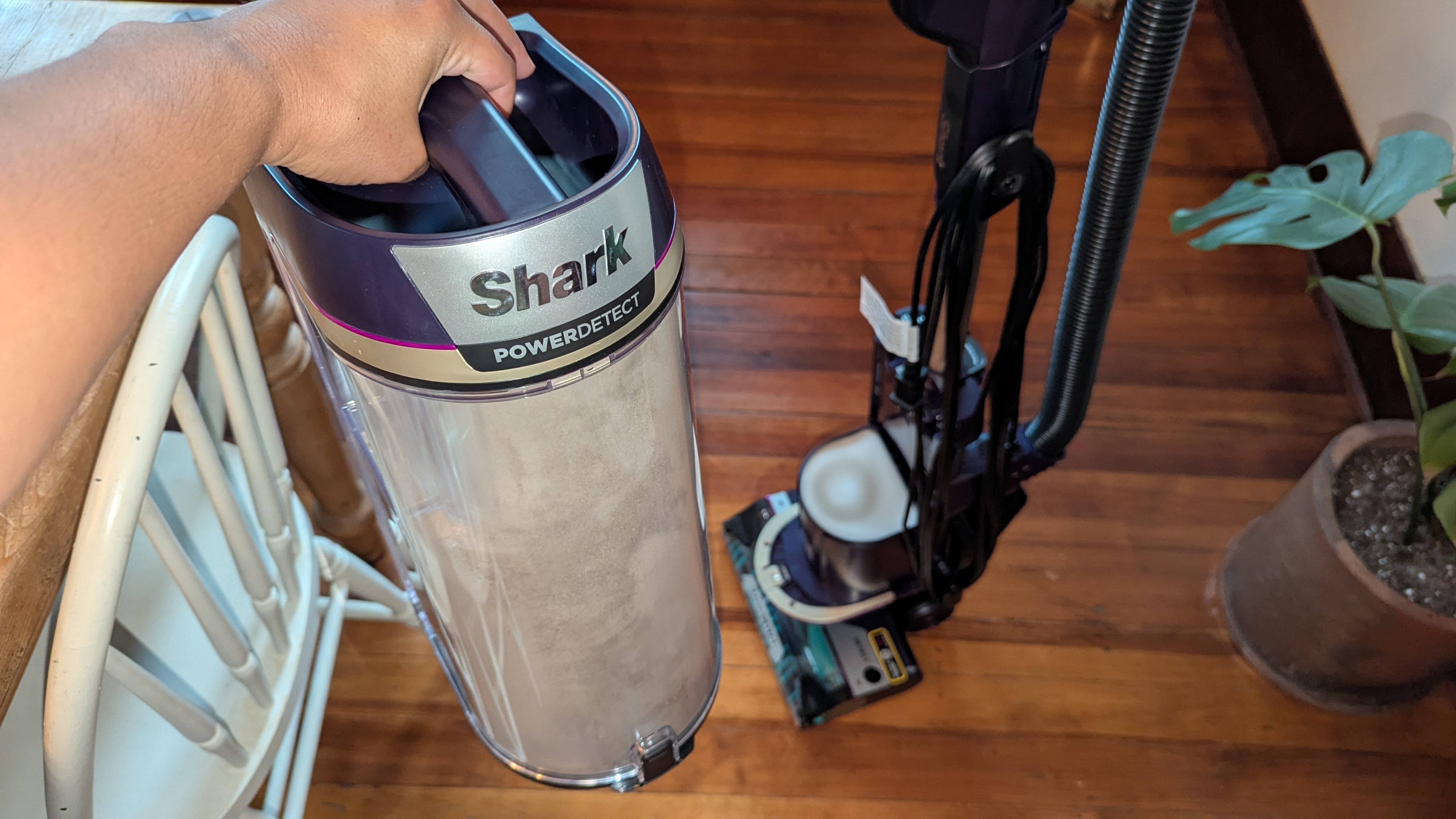 Shark PowerDetect Upright vacuum with dust cup removed and held in the tester's hand