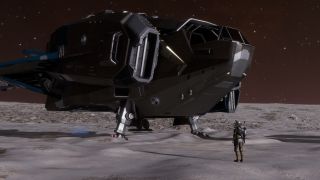 A pilot stands in front of a giant spaceship