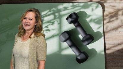 Liz Earle next to dumbbells on yoga mat