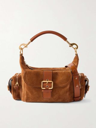 Camera Leather-Trimmed Suede Shoulder Bag