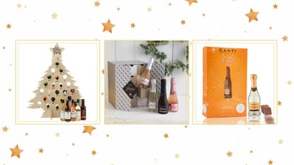 A collage of three wine advent calendars by freixenet, canti and tipsy tree with stars in the background