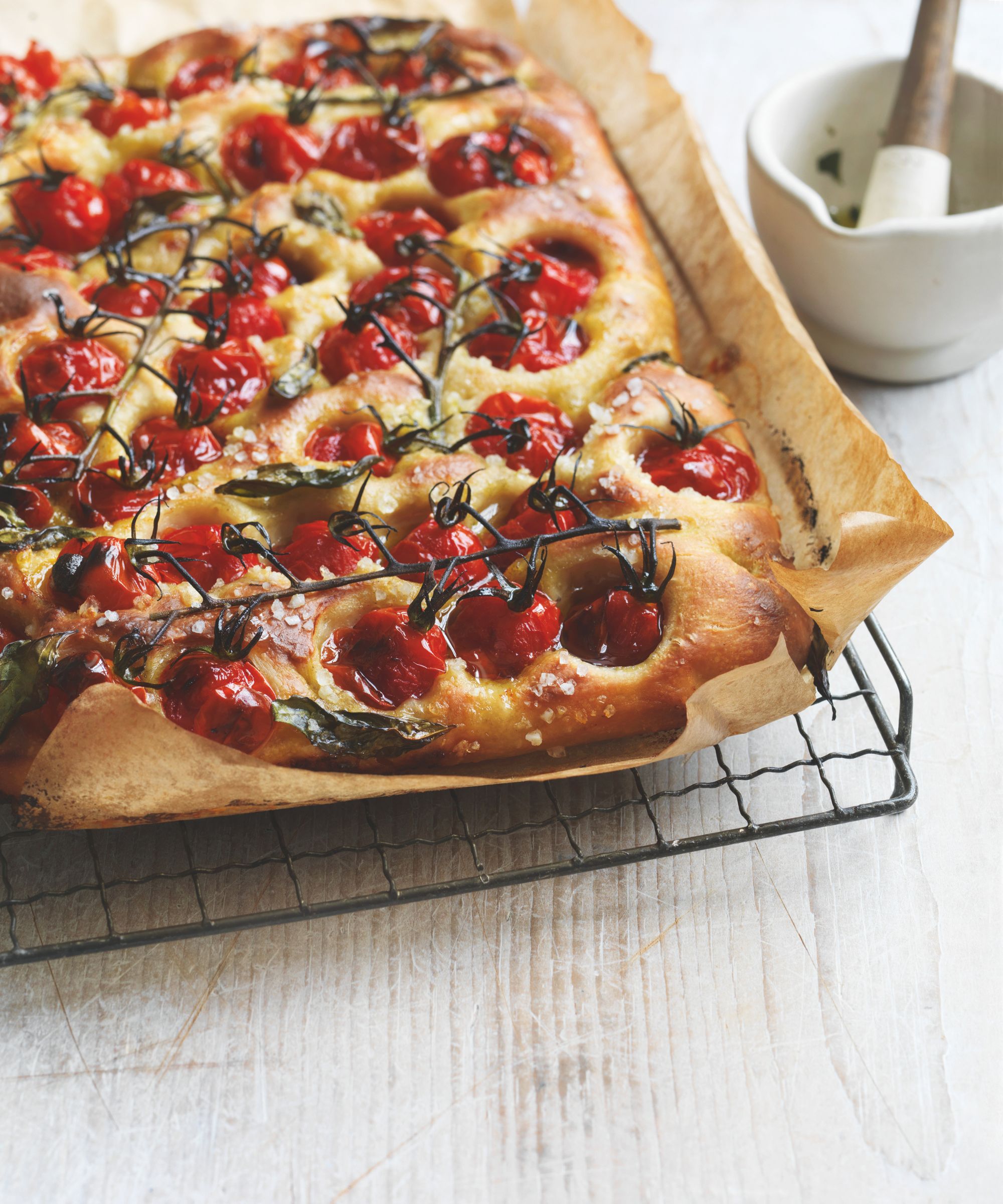 Cherry tomato and basil oil focaccia
