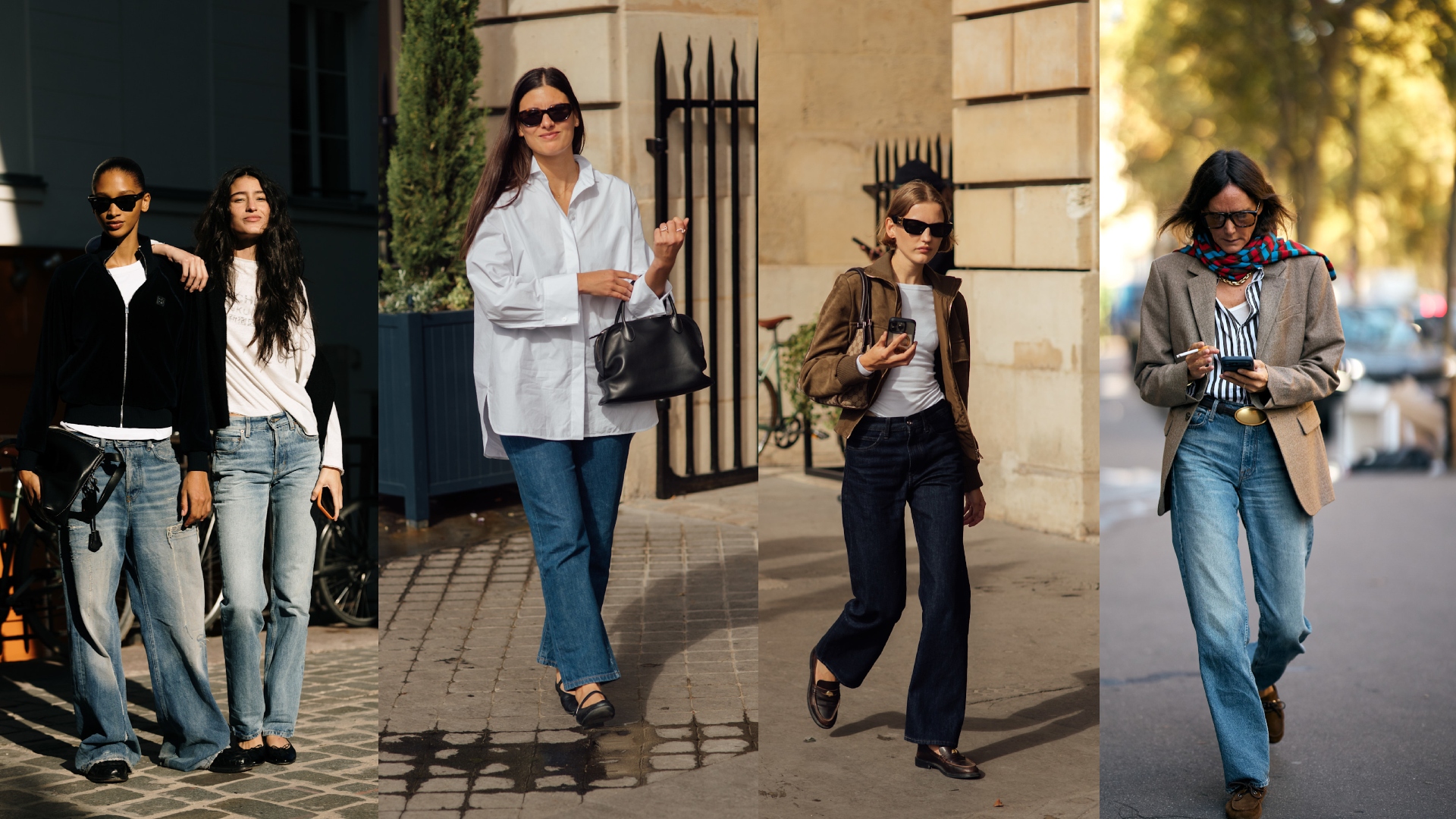 Five different street style stars wearing blue jeans during fashion month
