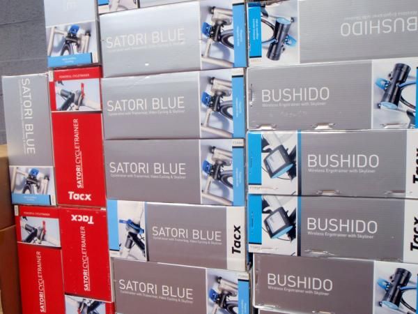 Stacks of home trainers await pre-time trial warm-up duty