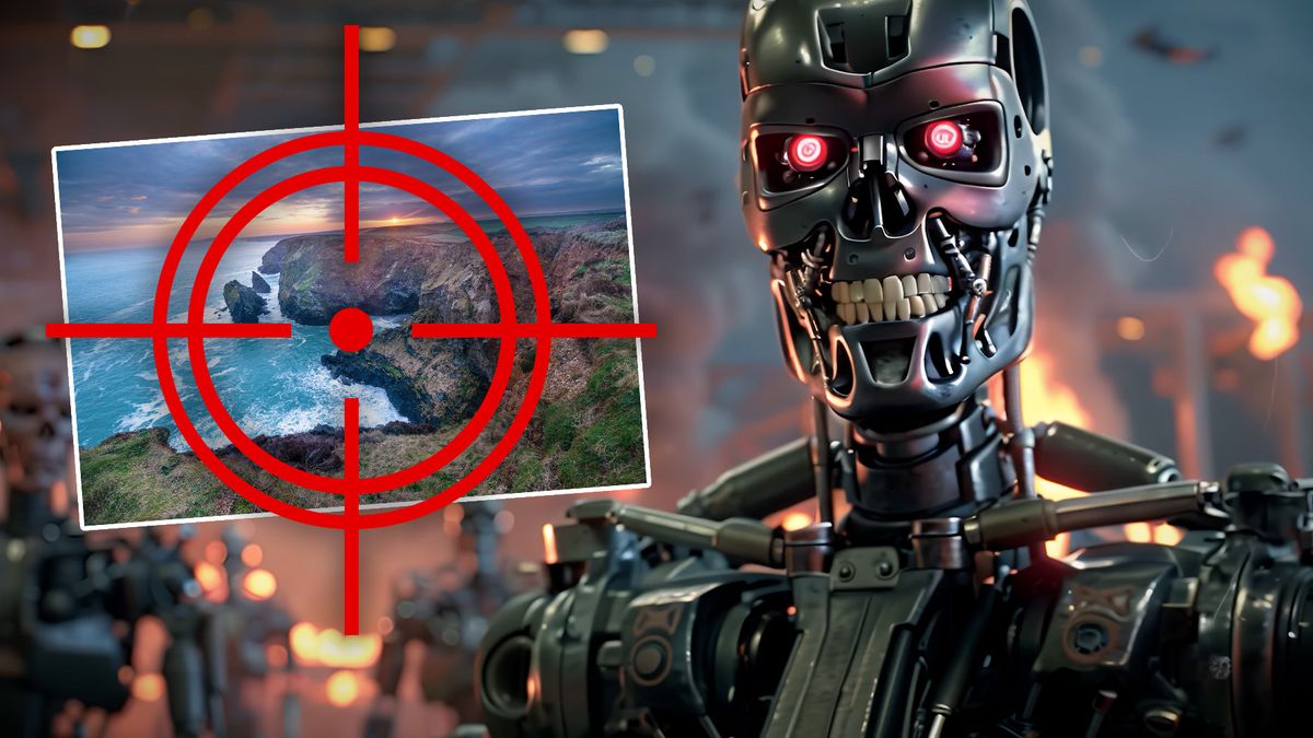 A target over a traditional photograph of a sunset landscape (inset), with a larger image inspired by The Terminator movies by YouTube AI-filmmaker AI FlickNips