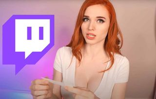 The streamer Amouranth standing next to the Twitch logo.