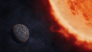 An illustration of a small black planet with a crackled surface near a fiery star