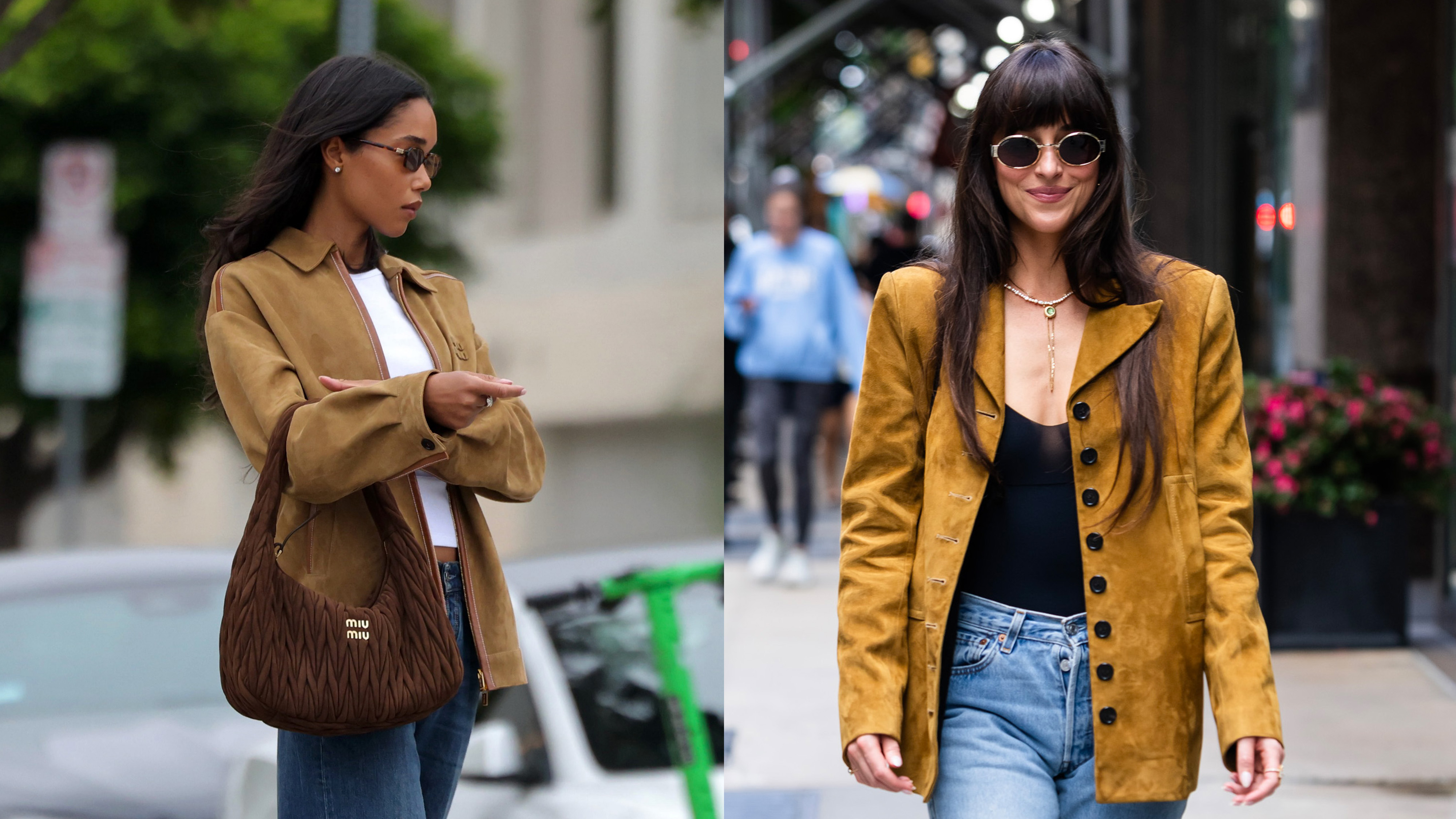 Laura Harrier and Dakota Johnson in New York wearing suede jacket outfits with jeans. 