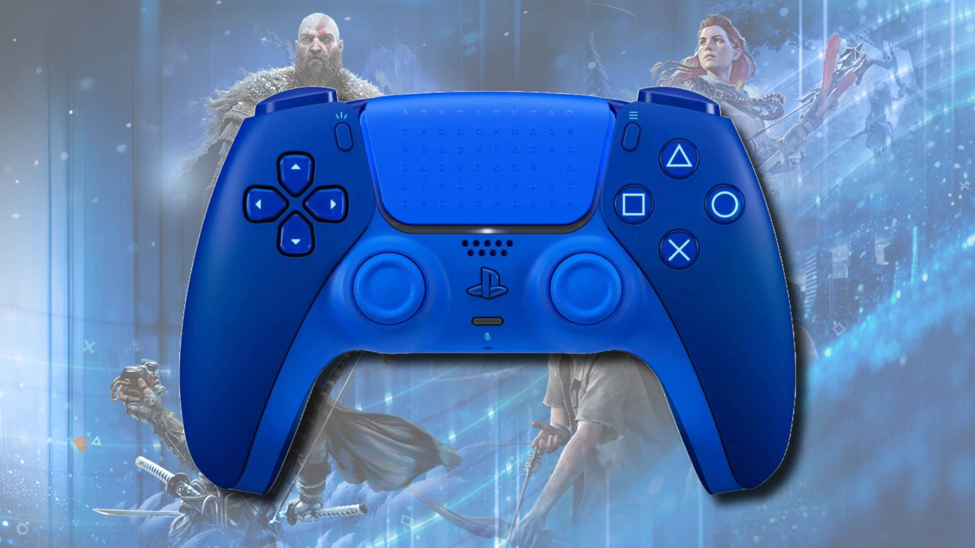 Icon Blue Special Edition DualSense on a PlayStation character background
