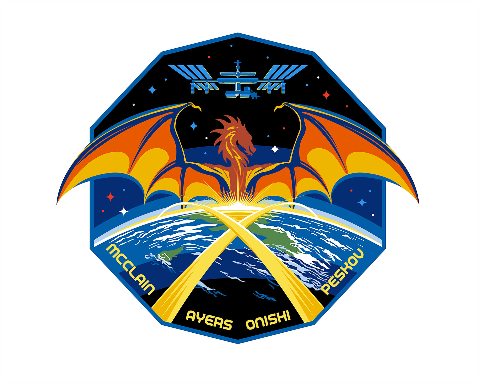 a 10-sided mission patch depicting a space station at top, a mythological dragon with its wing outstretched at middle and the earth with crisscrossing contrails at the bottom.