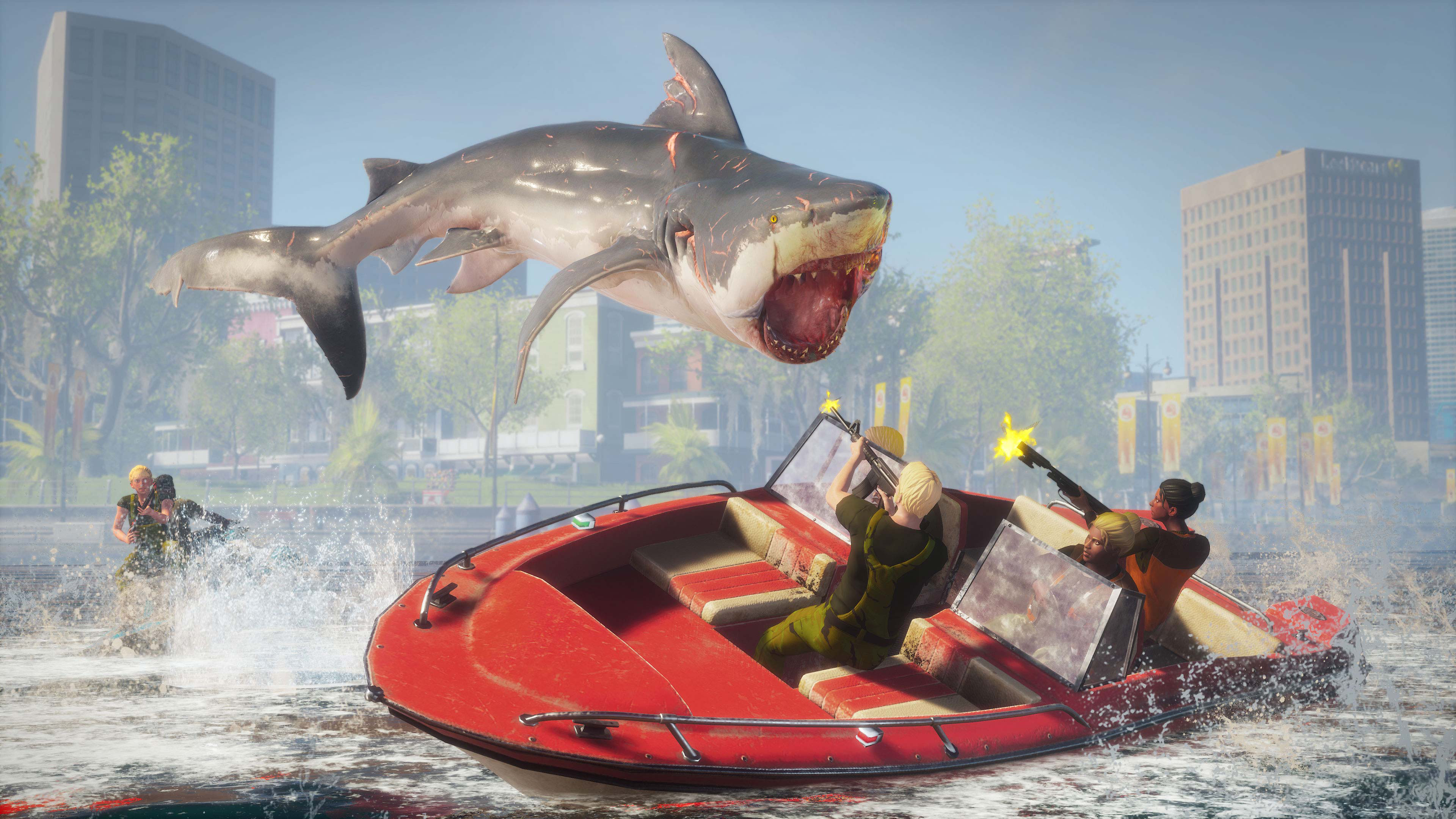 Screengrab of Maneater game showing a shark leaping out of water towards people in a speedboat