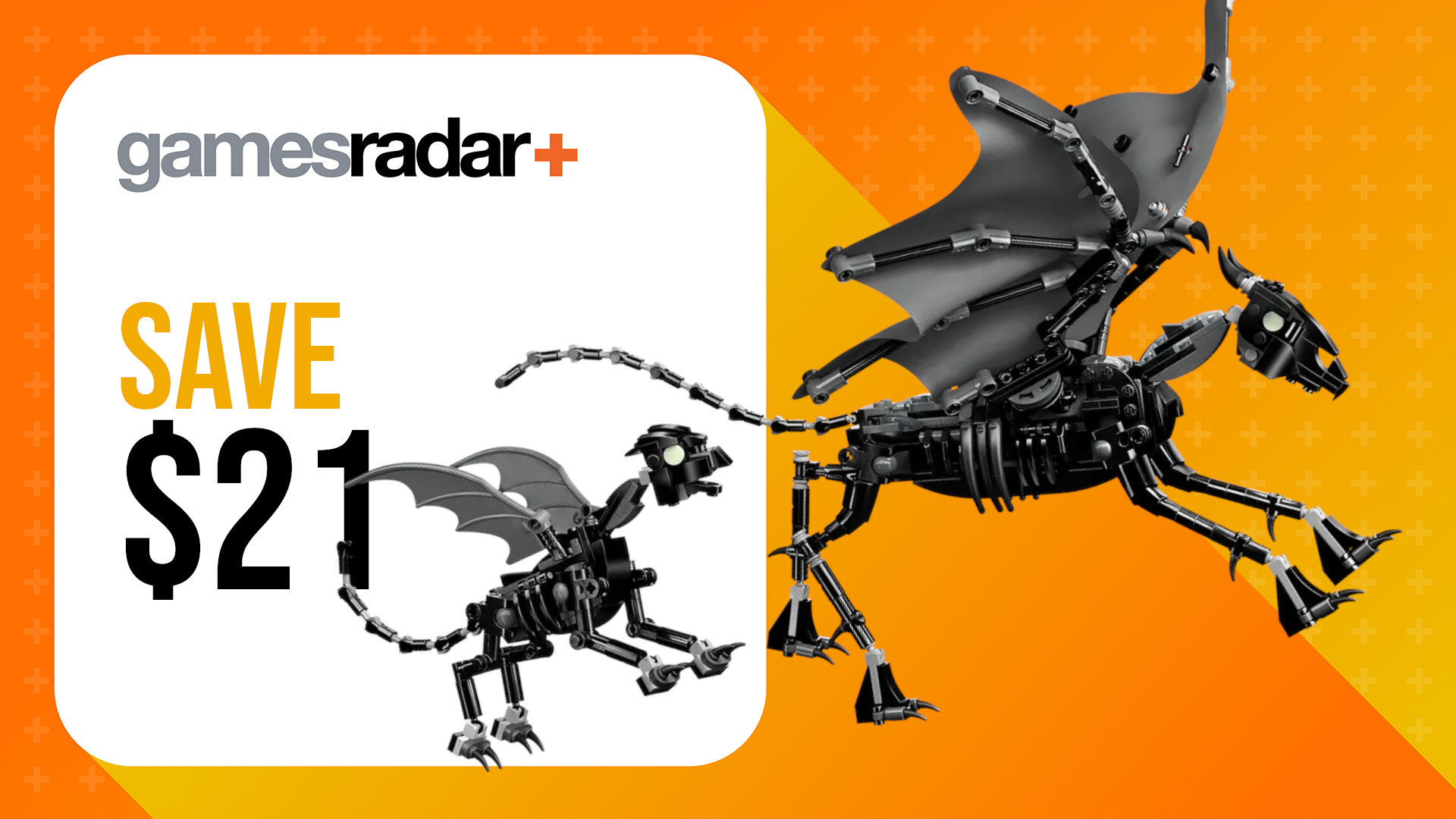 Lego Thestrals on an orange background beside a &#039;save $21&#039; badge with the GamesRadar+ logo