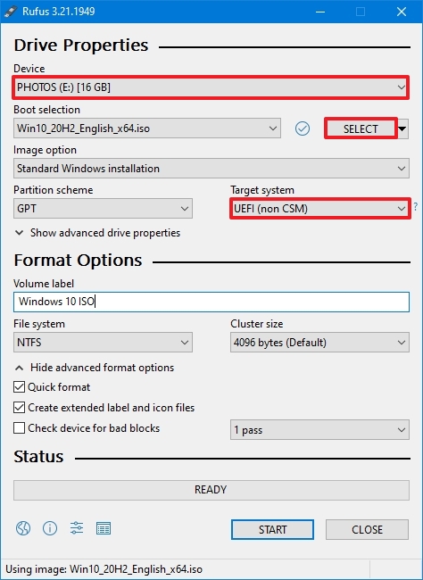 Mídia inicializável do Rufus usando o Windows 10 ISO existente