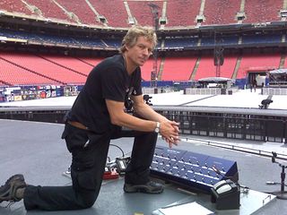 Dallas Schoo with The Edge's pedalboard, Giants Stadium, New Jersey