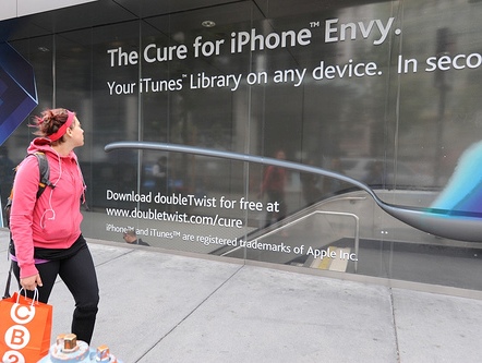 DVD Jon&#039;s doubleTwist ad on the side of the San Francisco Apple Store seems to have ruffled feathers over at Cupertino