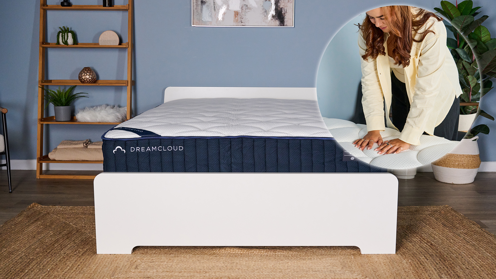 The main image shows the DreamCloud Classic Hybrid Mattress on a bed frame in a bedroom. In the left corner is an ident showing mattress tester Eve Davies pressing her hands into the quilted cover of the DreamCloud
