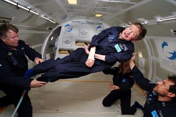 Stephen Hawking floats weightlessly aboard a Zero-G flight. 