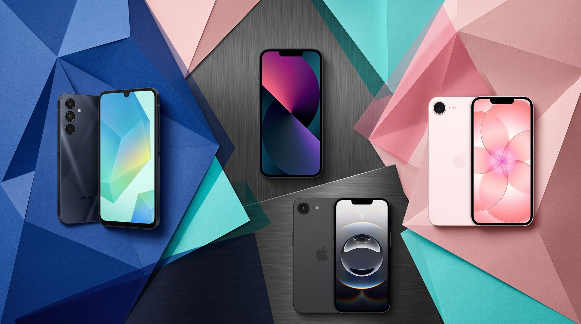 A selection of Samsung and Apple smartphones against a colourful background.