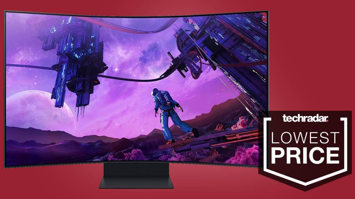 massive gaming monitor against red background