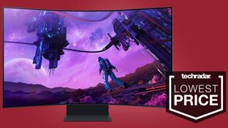 massive gaming monitor against red background
