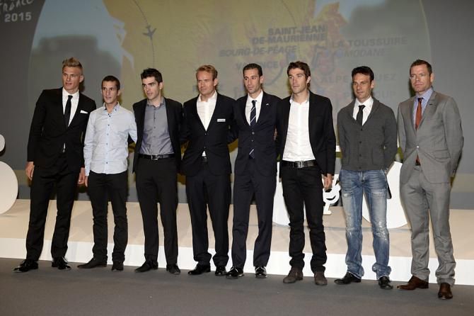 Riders on stage at the 2015 Tour de France presentation: Marcel Kittel, Tony Gallopin, Alexander Kristoff, Vincenzo Nibali, Thibaut Pinot, Jean-Christophe Peraud and Cadel Evans