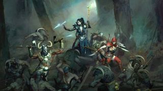 Artwork of the three classes available in the Diablo 4 closed beta—Barbarian, Sorcerer, and Rogue—fighting off hordes of enemies.