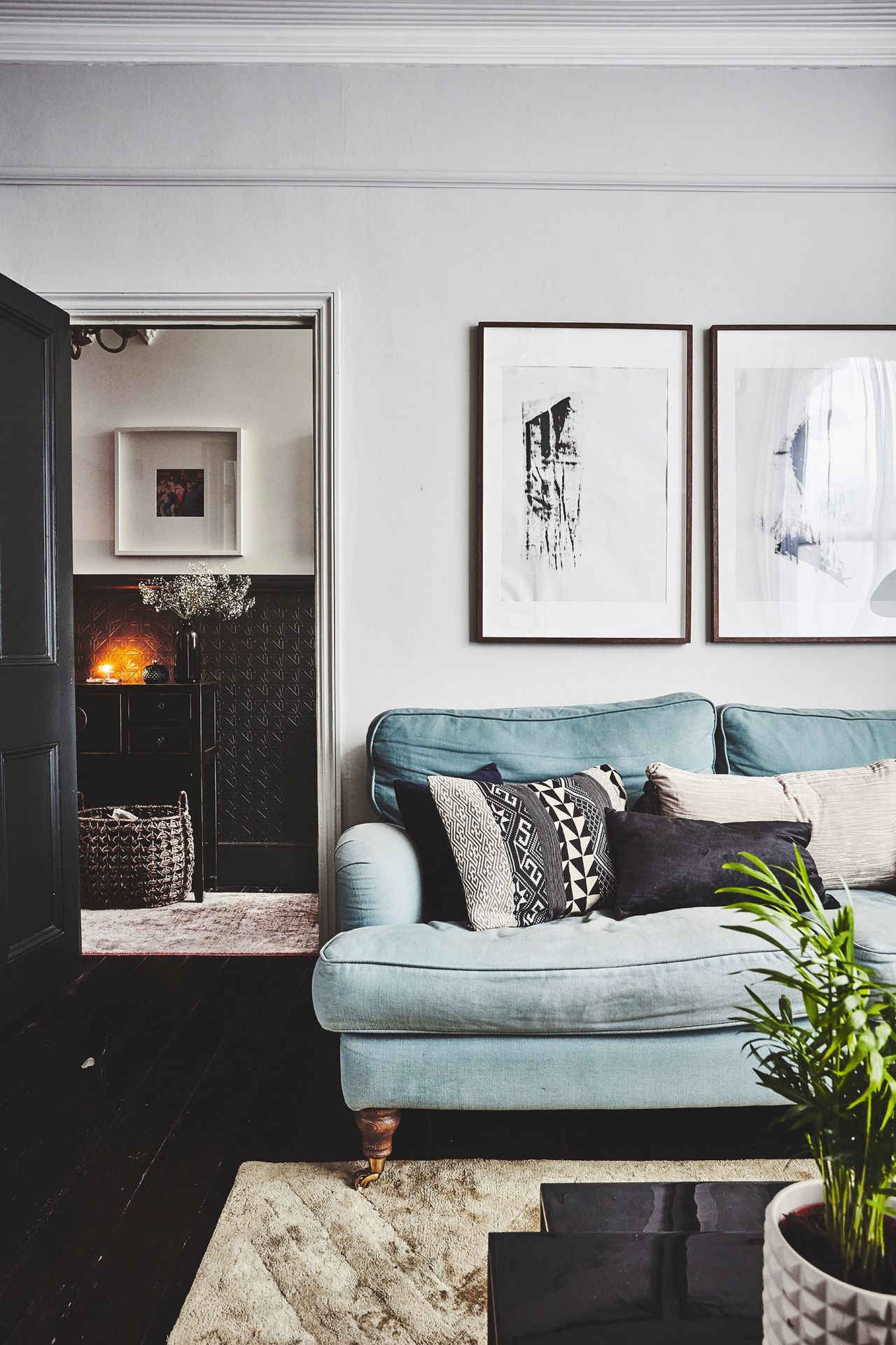 Living room with sofa with blue sofa fabric 