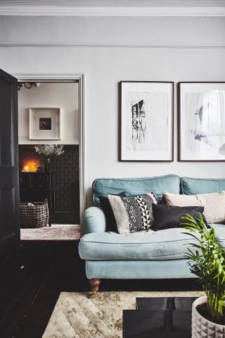 A living room with black wooden floorboards, blue sofa, monochrome cushions, rug and houseplant