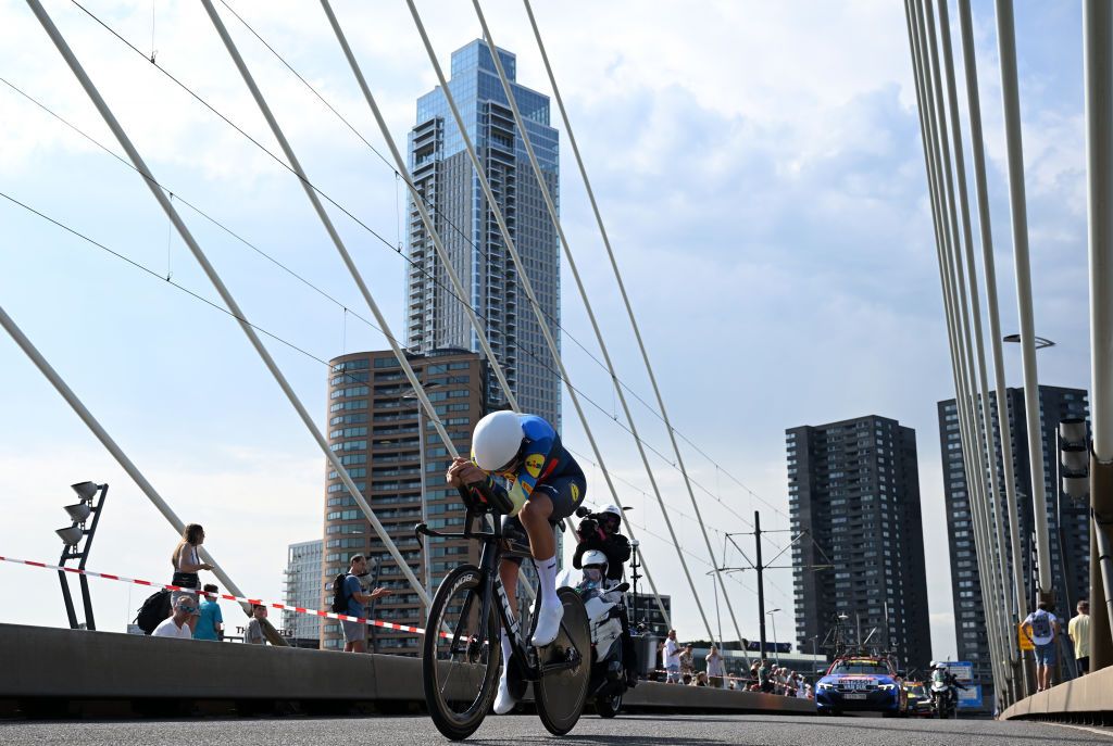 ROTTERDAM NETHERLANDS AUGUST 13 Ellen Van Dijk of The Netherlands and Team Lidl Trek sprints during the 3rd Tour de France Femmes 2024 Stage 3 a 679km individual time trial stage from Rotterdam to Rotterdam UCIWWT on August 13 2024 in Rotterdam Netherlands Photo by Dario BelingheriGetty Images