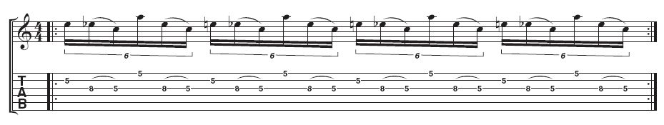 Example 2 - Lick 3: Paul gradually adds more to the lick by putting both parts together. Concentrate on keeping that repeating triplet feel throughout. At first, play at a slow speed to ensure each note sounds clearly.