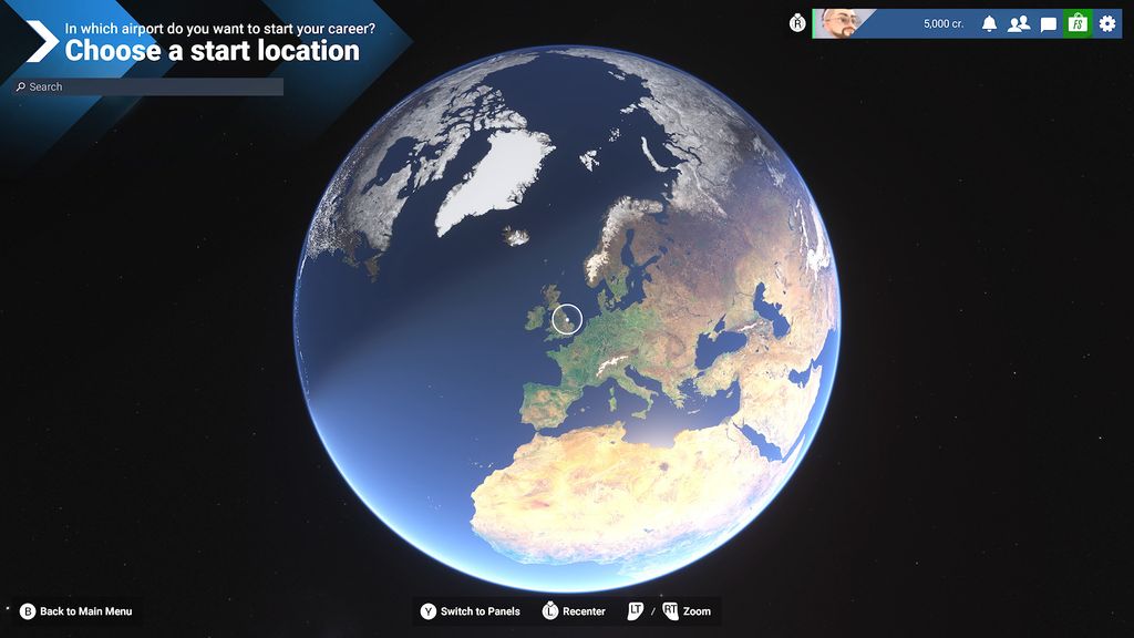 Microsoft Flight Simulator 2024 location selection with a view of the globe