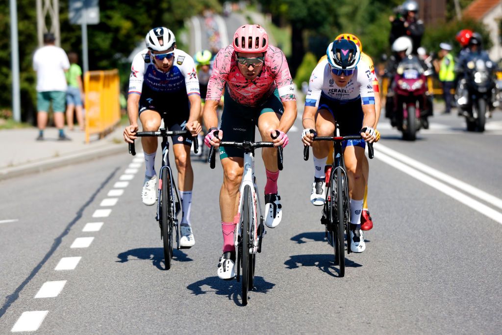 KRAKOW POLAND AUGUST 05 LR Lukasz Wisniowski of Poland and Team EF Education Easypost and Mads Wrtz Schmidt of Denmark and Team Israel Premier Tech compete in the breakaway during the 79th Tour de Pologne 2022 Stage 7 a 1778km stage from Valsir to Krakow TdP22 WorldTour on August 05 2022 in Krakow Poland Photo by Bas CzerwinskiGetty Images