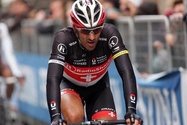 Swiss champion Fabian Cancellara (RadioShack-Nissan) shows the strain of a long, arduous day in the saddle.