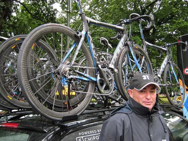 Mechanic Geoff Brown watches over the Felt team bikes.