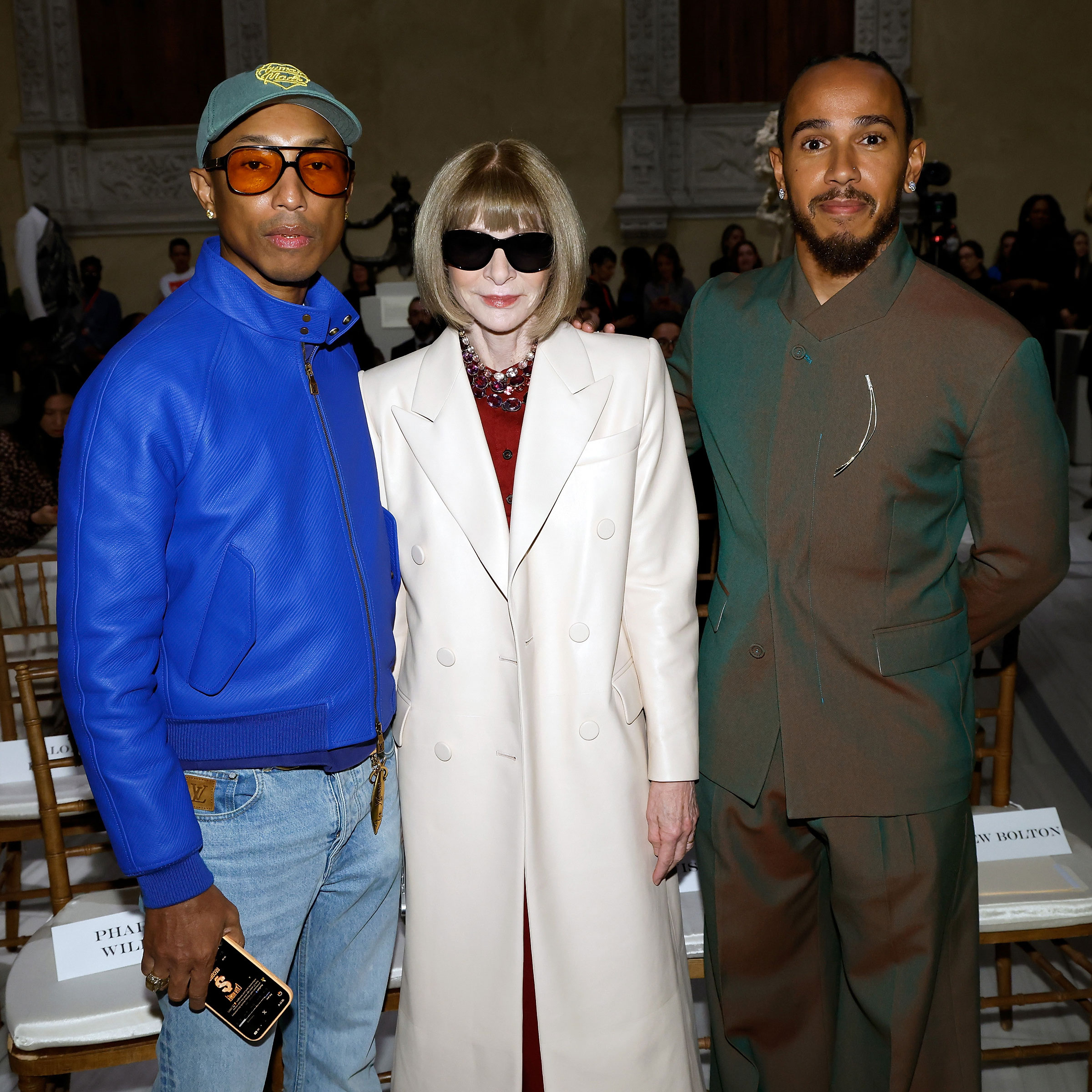 Anna Wintour, Pharrell, and Lewis Hamilton pose together ahead of the Met Gala