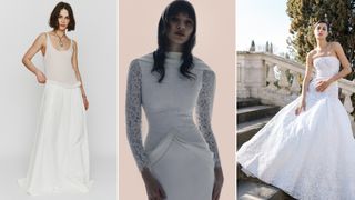 a collage of three models wearing drop waist bridal dresses