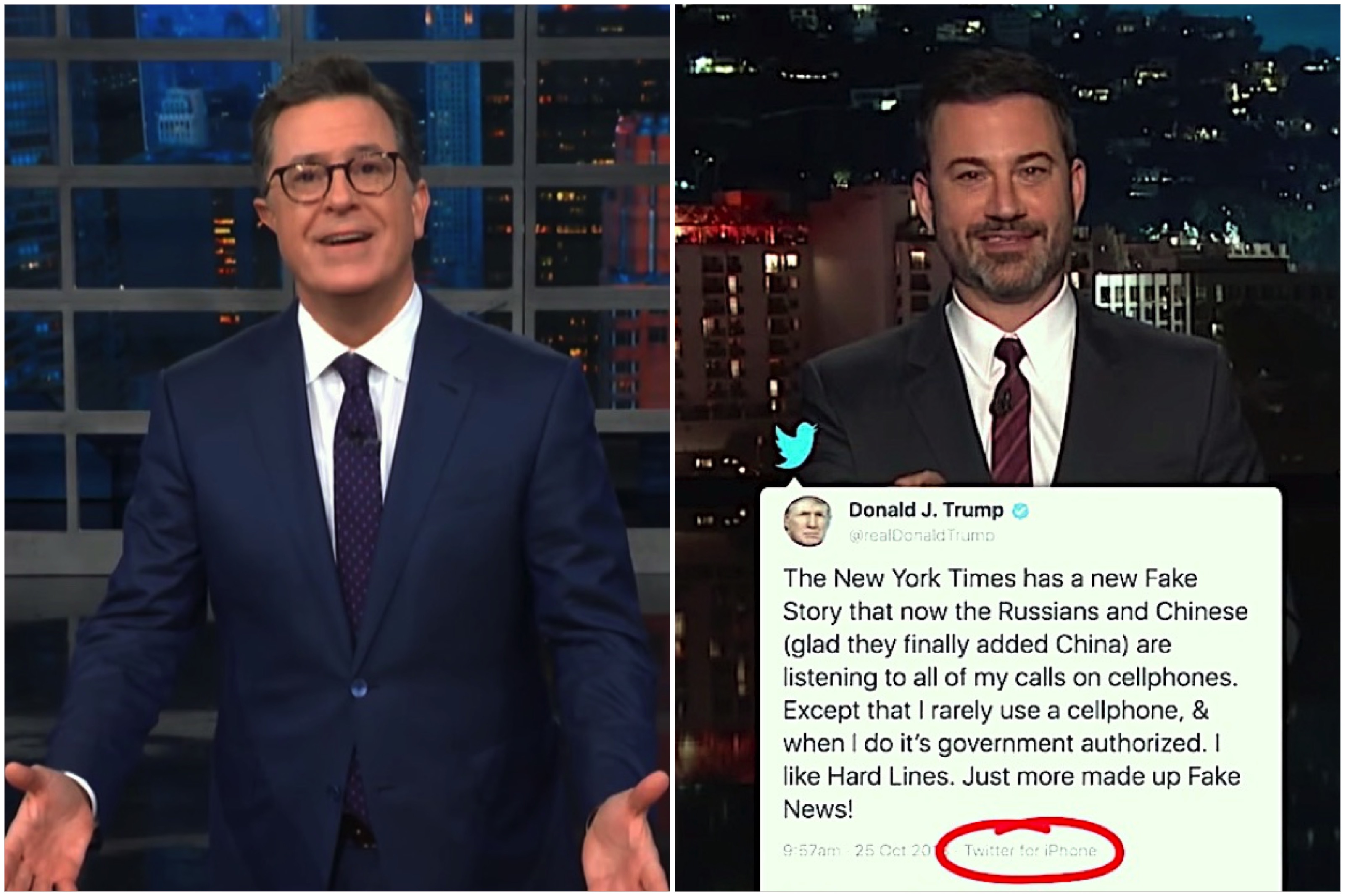 Stephen Colbert and Jimmy Kimmel see the same big flaw in Trumps denial on  using a spy-friendly iPhone | The Week